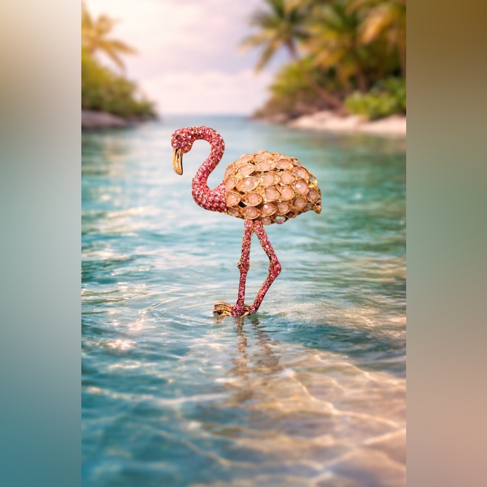 Chic Flamingo Brooch with Pink and Gold-Toned Accents